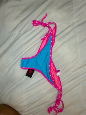 DOLL Swimwear Tokyo Aqua Blue & Pink Polka Dot Scrunch Bikini Bottom – Large